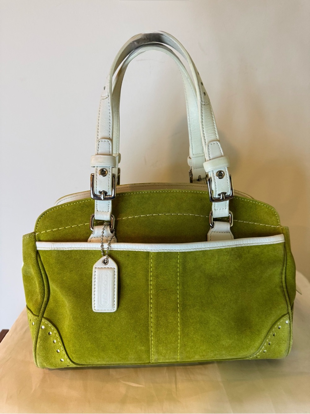 ULTRA RARE! Coach (2004) Hamptons Suede Carryall Satchel- Lime Green